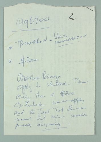 Note - telephone conversation with Immigration Department officer, East Malvern, 1980