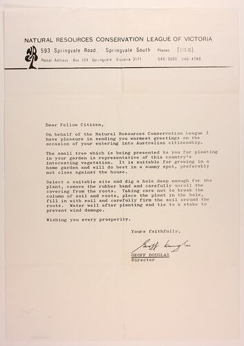 Letter - Natural Resources Conservation League of Victoria, Australia, Springvale, Victoria,  circa Sep - Oct, 1980