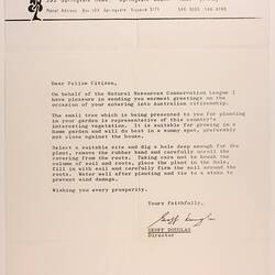 Letter - Natural Resources Conservation League of Victoria, Australia, Springvale, Victoria,  circa Sep-Oct 1980