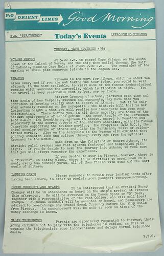 Information Sheet - P&O SS Stratheden, 'Today's Events', Approaching Piraeus, 14 Nov 1961