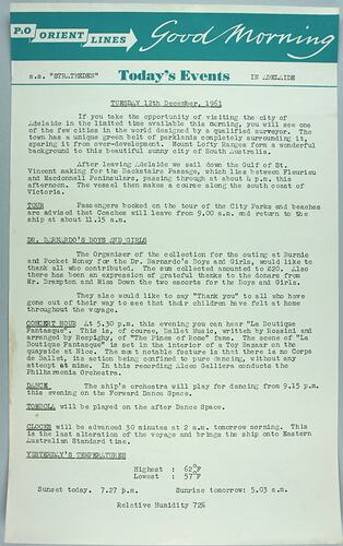 Information Sheet - P&O SS Stratheden, 'Today's Events', In Adelaide, 12 Dec 1961
