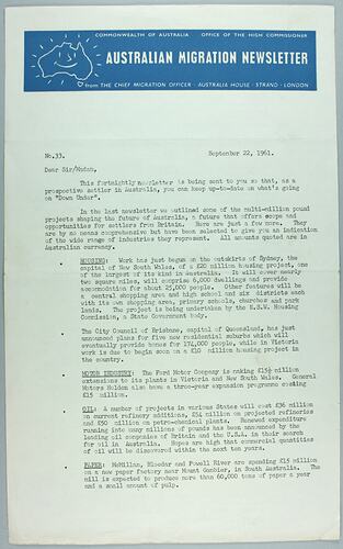 Newsletter - 'Australian Migration Newsletter', 22 Sep 1961