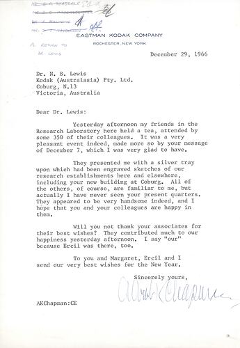 Letter - Albert K Chapman, Eastman Kodak to Dr N Lewis, Kodak Australasia Pty Ltd, Research Laboratory, 29 December 1966