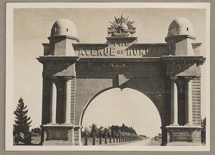 Monochrome photograph of an Avenue of Honour.