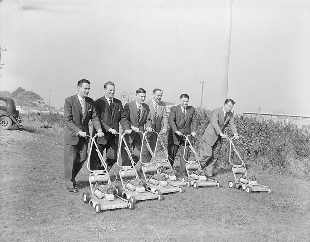 Lawn Patrol, Six Men with Mowers, Victoria, 16 Jul 1959