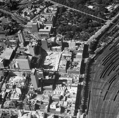 Monochrome aerial photograph of Melbourne.