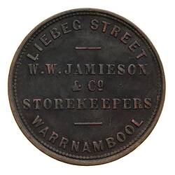 Token - 1 Penny, W.W. Jamieson & Co, Ironmonger, Warrnambool, Victoria, Australia, 1862
