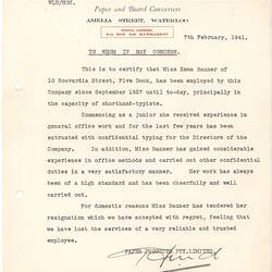 Letter - Employment Reference for Esma Banner, Paper Products Pty. Ltd., Sydney, Australia, 7 Feb 1941