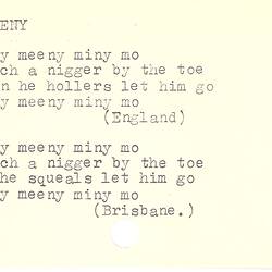 Game Index Card - Christine Brown, Compiled by Dorothy Howard, Description of Counting-out Rhyme, Oct 1954