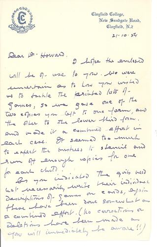 First page of handwritten letter in blue ink on paper