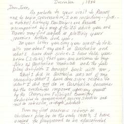 Letter - Dorothy Howard, to June Factor, Prelude to J. Factor's Upcoming Visit with Information on Dr Howard's Past Projects, Children's Folklore, Dec 1982