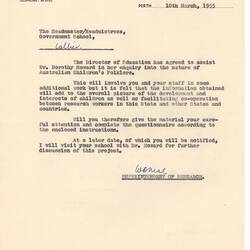 Letter - W. D. Neal, to Headmaster/Headmistress of Collier Government Primary School, Request to Assist Dr Howard with Her Research Project, 10 Mar 1955