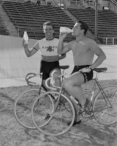 Two Cyclists at a Velodrome, Melbourne, 04 Feb 1960