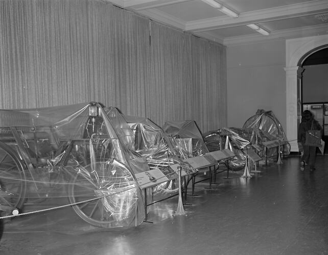 Covered exhibits in Verdon Hall during stairway construction at the Science Museum of Victoria, Melbourne, c. 1970
