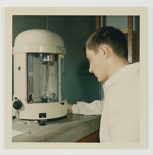 Slide 129, Worker With Laboratory Equipment, Kodak Factory, Coburg, 'Extra Prints of Coburg Lecture' album, circa 1960s