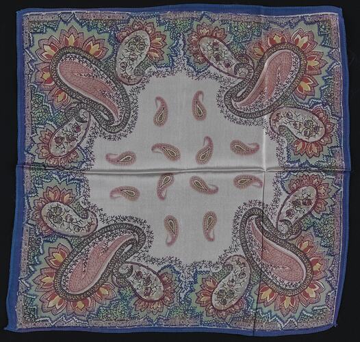 Silk handkerchief with multi coloured paisley design.