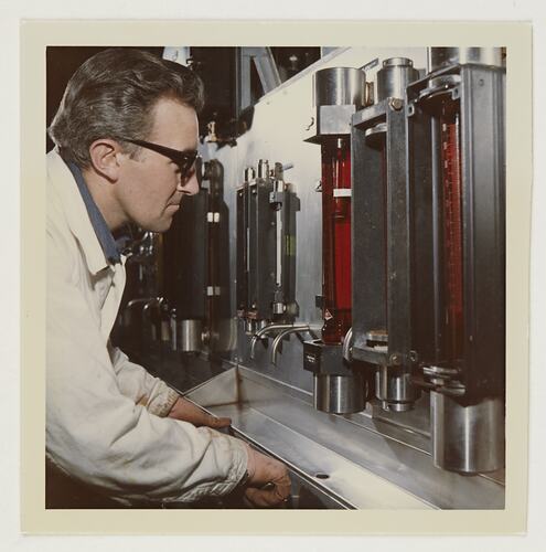 Slide 282K, 'Extra Prints of Coburg Lecture', Worker Checking Flow Rater, Building 20, Kodak Factory, Coburg, circa 1960s