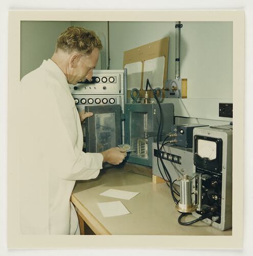 Slide 326, 'Extra Prints of Coburg Lecture', Chemist with Test Sample, Kodak Factory, Coburg, circa 1960s