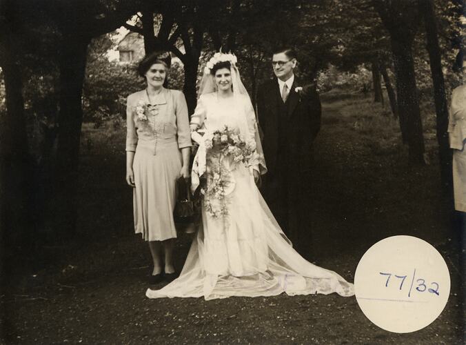 Bridal Party, Eileen Leech & Parents, Manchester, England, 1 Apr 1949