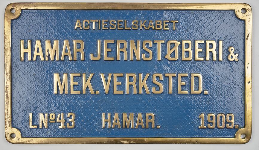 Locomotive Builders Plate - Hamar Jernstoberi & Mek Verkstad, Hamar, Norway, 1909
