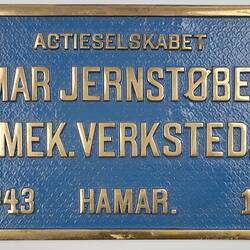 Locomotive Builders Plate - Hamar Jernstoberi & Mek Verksted, Hamar, Norway, 1909