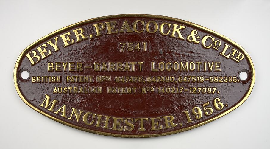 Locomotive Builders Plate - Beyer Peacock & Co. Ltd., Manchester, England, 1956