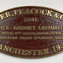 Locomotive Builders Plate - Beyer Peacock & Co. Ltd., Manchester, England, 1956
