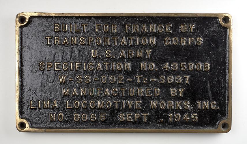 Locomotive Builders Plate - US Army Transportation Corps, 1945