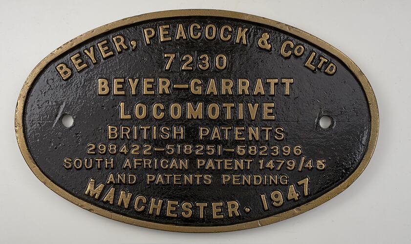 Locomotive Builders Plate - Beyer Peacock & Co. Ltd., Manchester, England, 1947