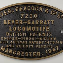 Locomotive Builders Plate - Beyer Peacock & Co. Ltd., Manchester, England, 1947