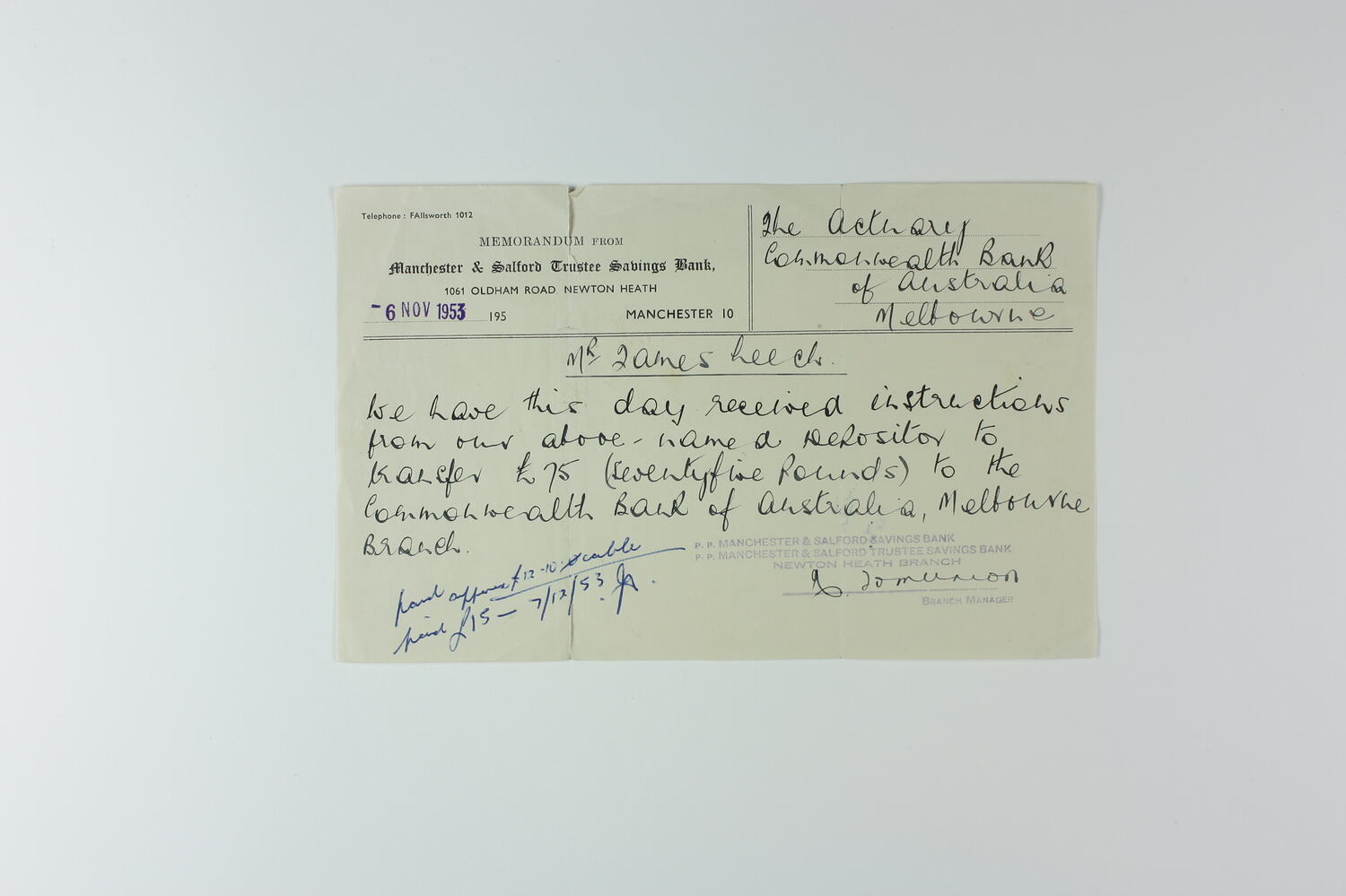 Receipt - Manchester & Salford Trustee Savings Bank to James Leech ...