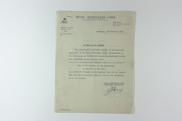 Reference - Employment, Jan Cornelis Roos, Royal Interocean Lines, Hong Kong, 15 Feb 1951