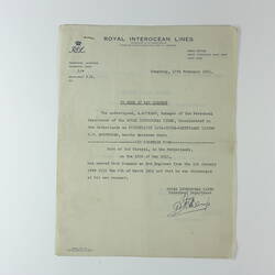 Reference - Employment, Jan Cornelis Roos, Royal Interocean Lines, Hong Kong, 15 Feb 1951