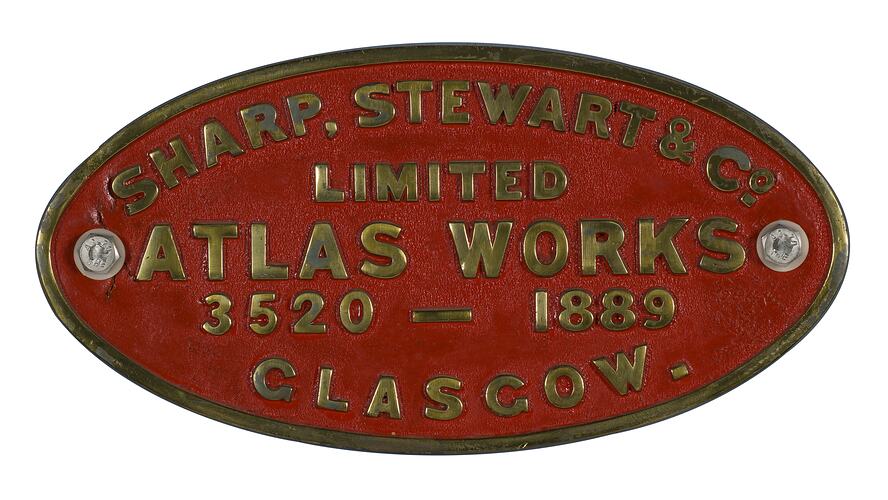 Locomotive Builders Plate - Sharp, Stewart & Co. Ltd, Atlas Works, 1889