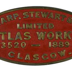 Locomotive Builders Plate - Sharp, Stewart & Co. Ltd, Atlas Works, 1889