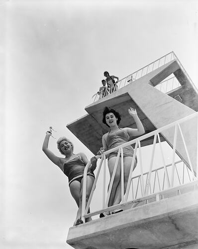 Swallow & Ariell Ltd, Four Women on Diving Platforms, Canberra, Australian Capital Territory, Nov 1958