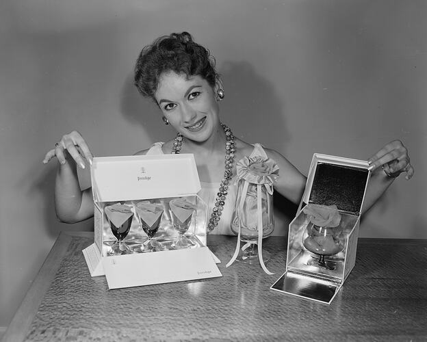 Promotional Model with Prestige Glassware Display, Brunswick, Victoria, Nov 1958