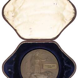 Bronze coloured medal blue fabric lined medal box.