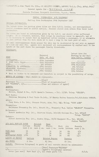 Leaflet - Postal Information, MV Fairsea, 1957