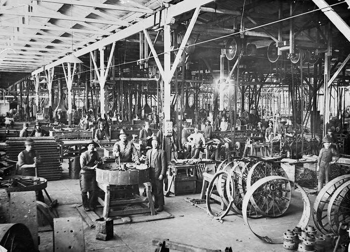 [The wheel assembly shop at the Sunshine Harvester Works, Sunshine, Melbourne, about 1910.]