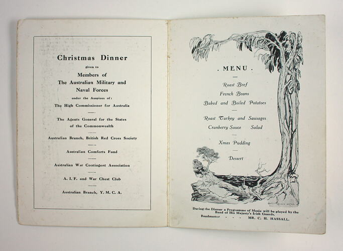 Inside pages of printed menu with image of tree.
