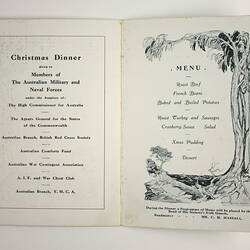 Inside pages of printed menu with image of tree.