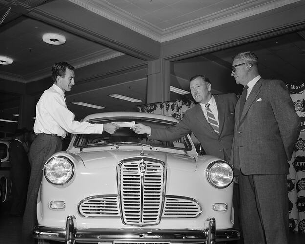 Three Men with an Austin Motor Car in Showroom, Melbourne, Victoria, Oct 1958
