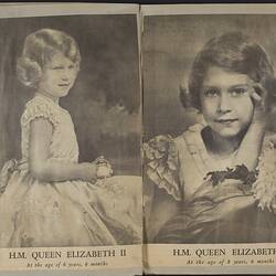 Double page of a scrapbook, two black and white images of Queen Elizabeth II as a girl.