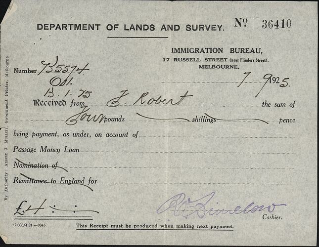 Receipt - Loan Repayment, Department of Lands and Survey, Immigration Bureau, Melbourne 7 Sep1925