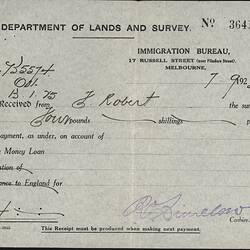 Receipt - Loan Repayment, Frederick Roberts, Department of Lands and Survey, Immigration Bureau, Melbourne 7 Sep1925