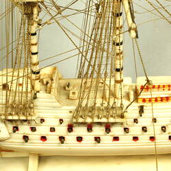 Close up of model ship, starboard stern.