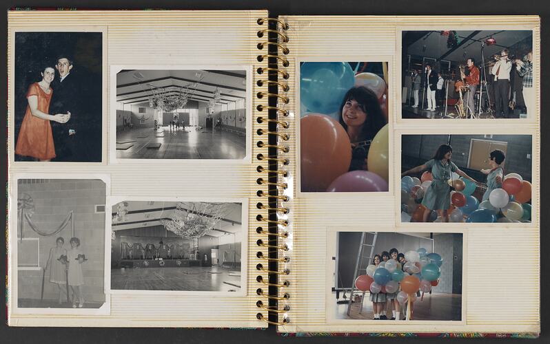Open photo album with off white pages with five colour and three black and white photographs.