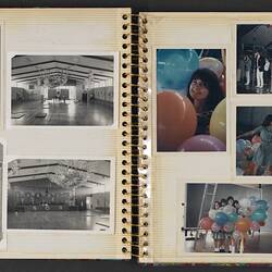 Open photo album with off white pages with five colour and three black and white photographs.