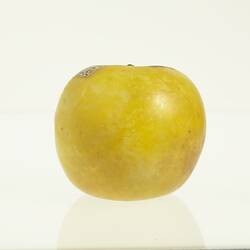 Wax model of an apple painted yellow.